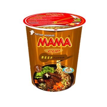Mama Cup Noodle Beef 70g – Instant Thai noodles with savory beef flavor.